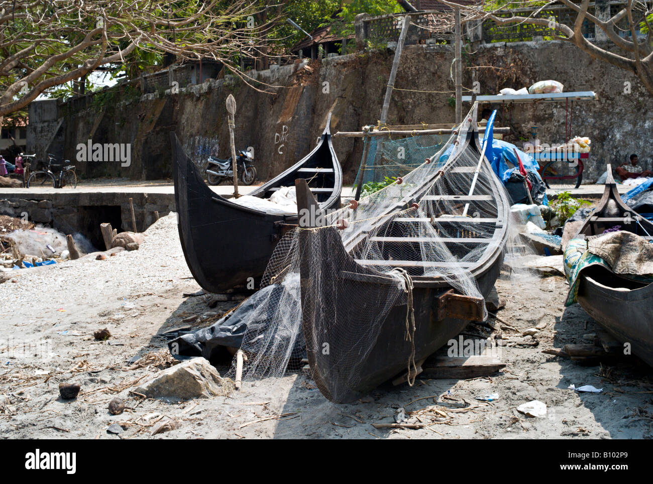 INDIA KERALA FORT COCHIN COCHI KOCHI Fishing boats and nets on the ...