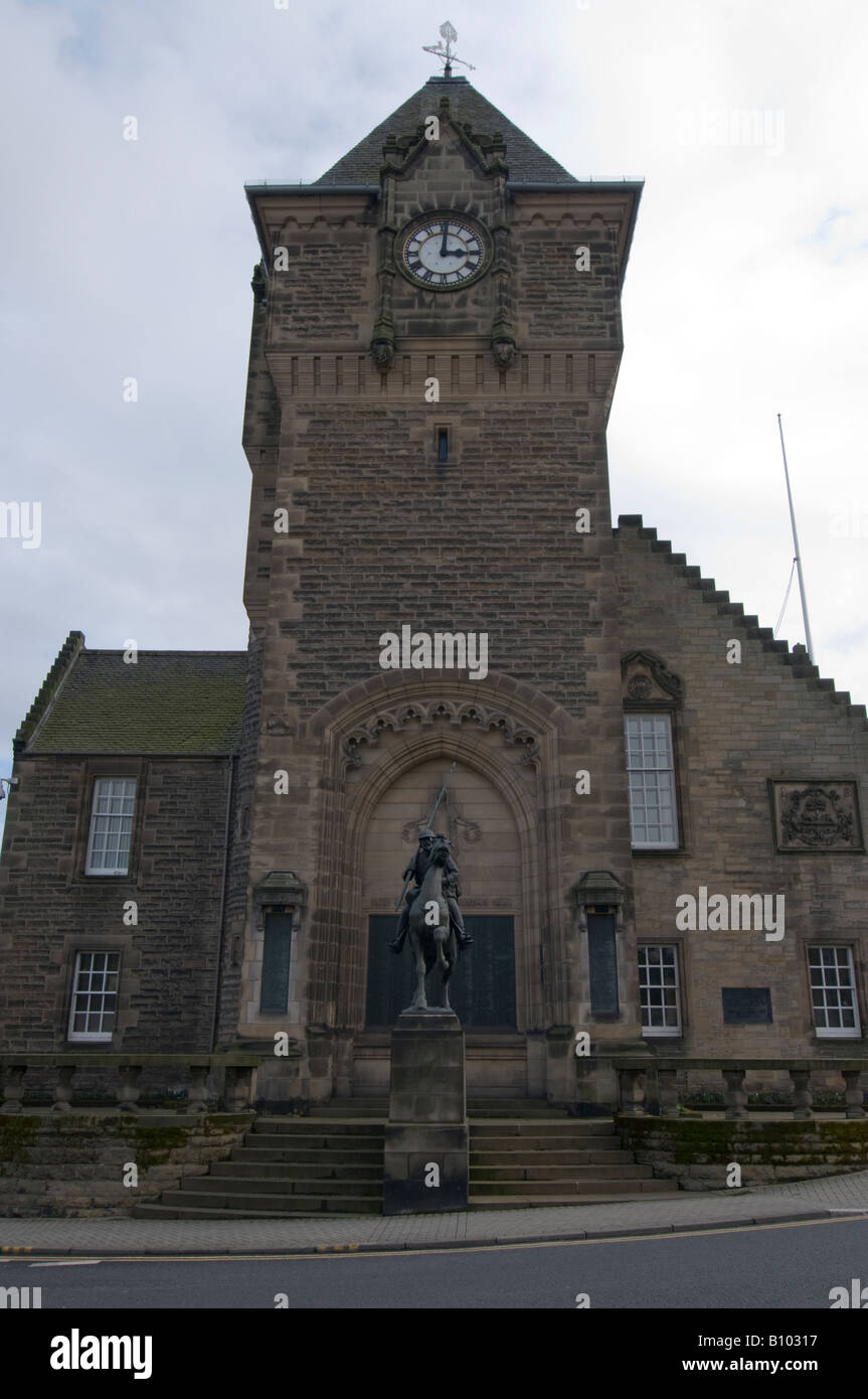 Galashiels Burgh offices from war memorial side with Reiver statue in front Stock Photo