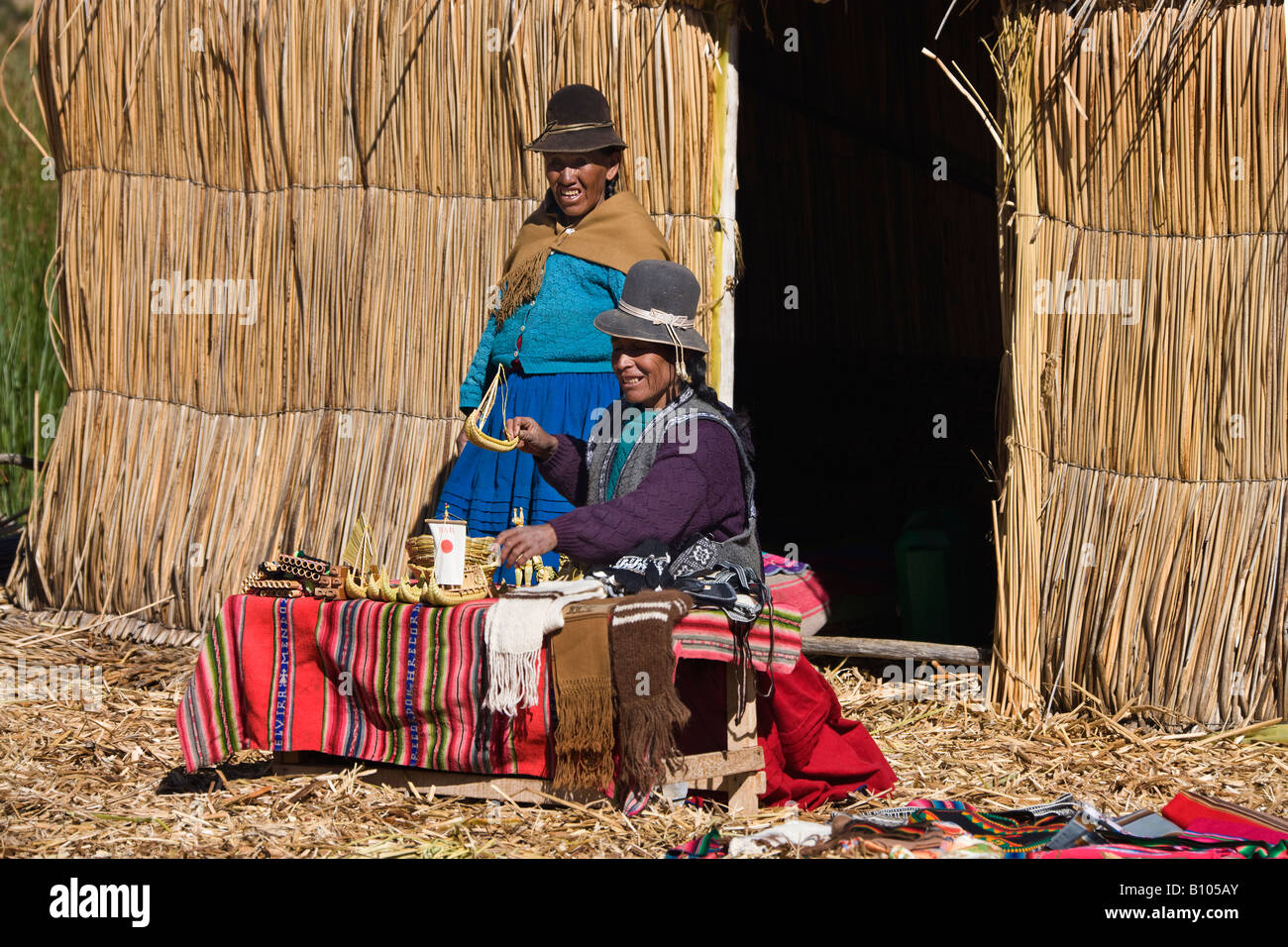 Traditional Urus Iruitos reed village on the banks of Lake Titicaca in