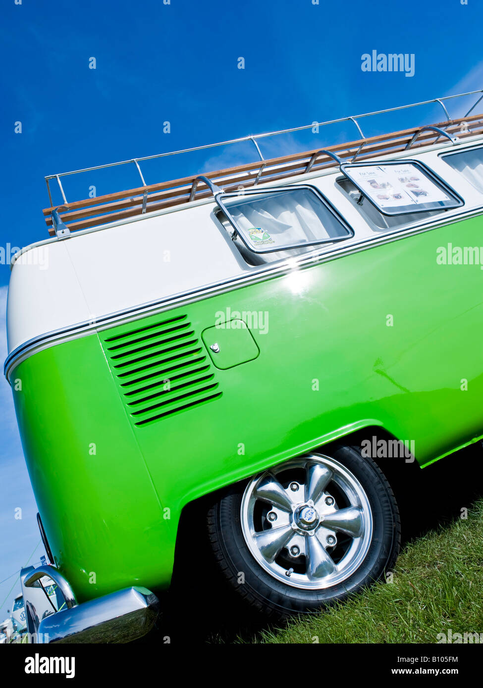 green vw volkswagen split screen camper van bus lowered modified pimped lime hippie hippy 1960s 1950s aircooled v-dub retro Stock Photo