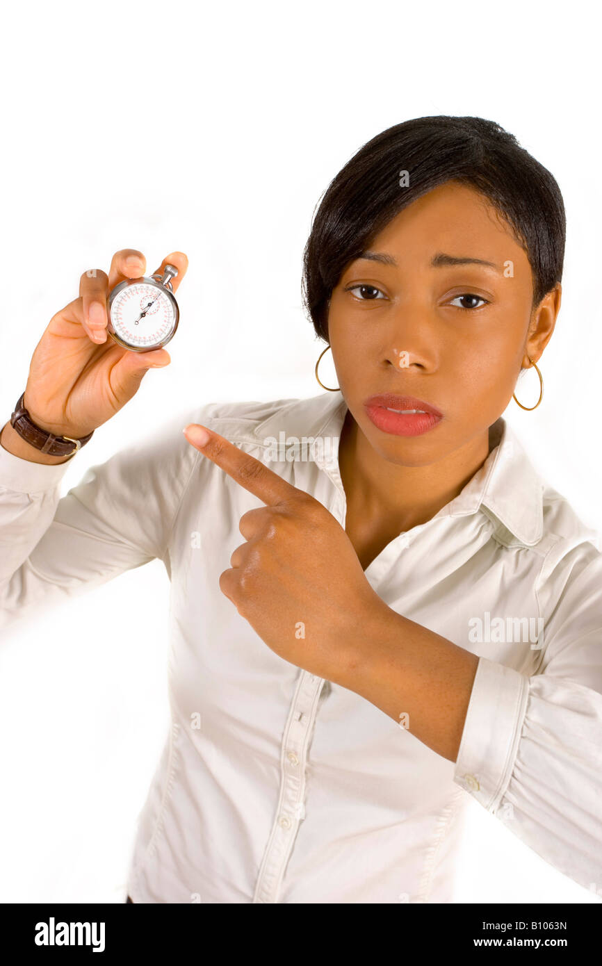 Its time to check your health. Woman holds a stopwatch. Stock Photo