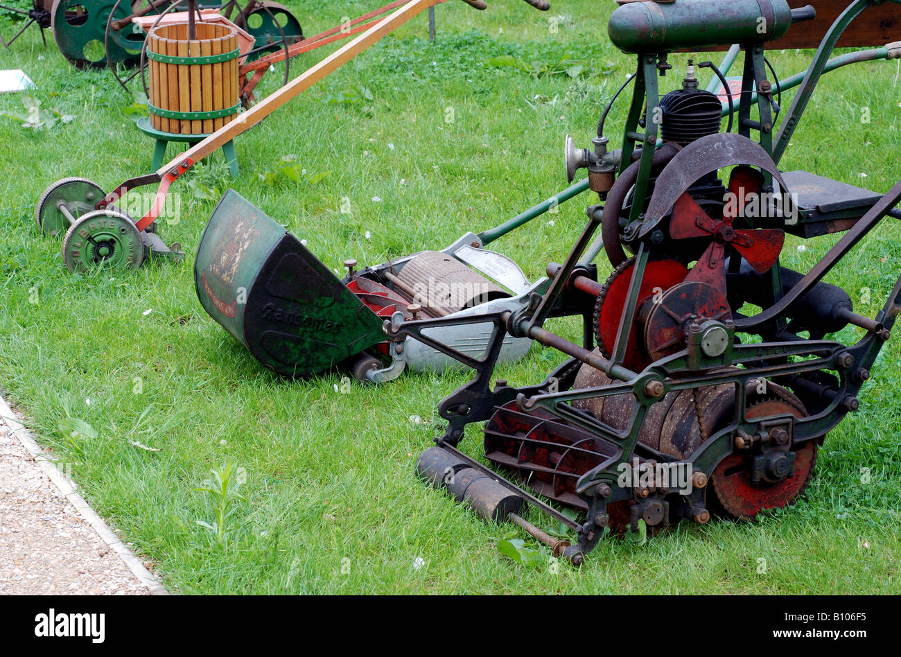 Antique lawnmowers, UK Stock Photo