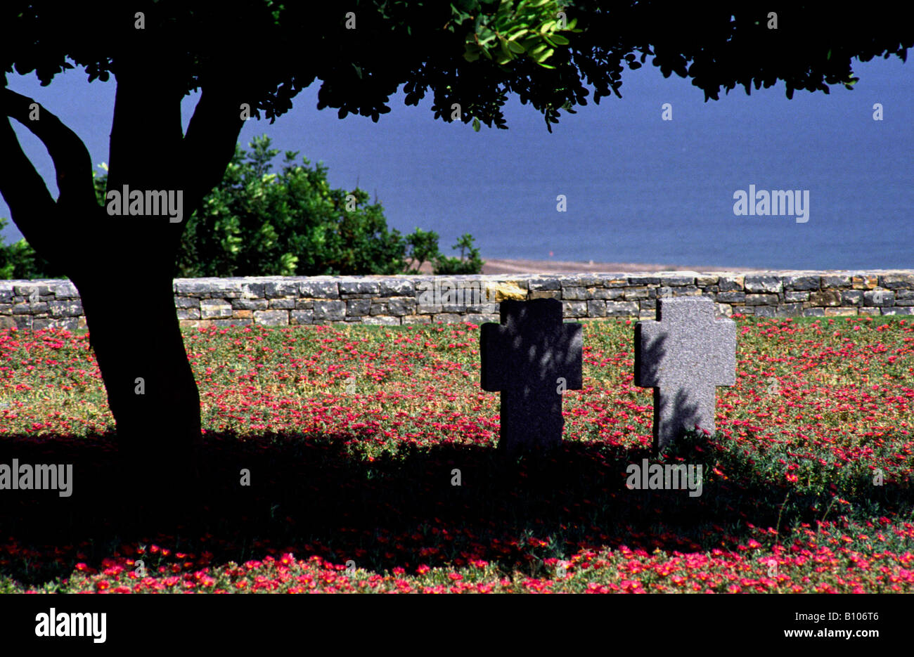 Grave stones at the Maleme cemetery where German soldiers killed on Crete during  WW II rests. Crete, Greece. Stock Photo