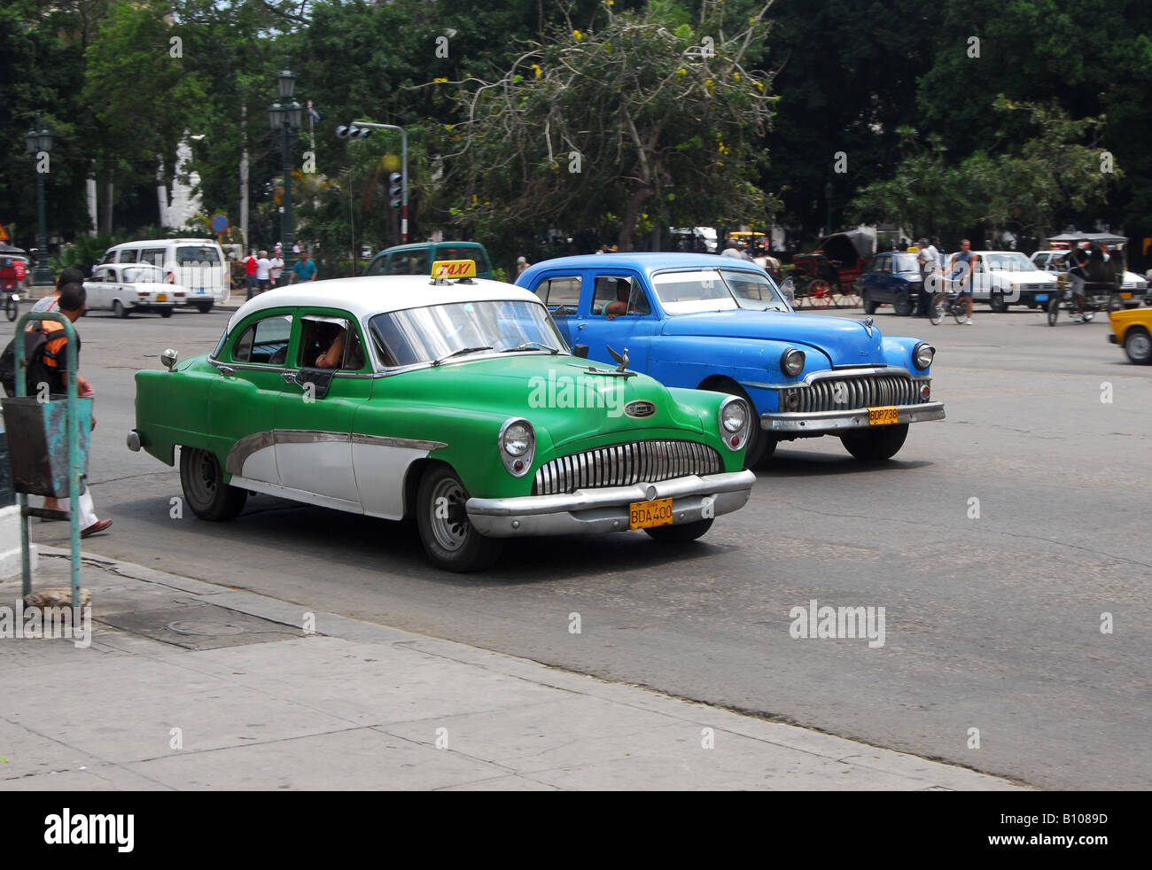 Buick and Dodge classic American cars in Parque Central, the main square in Havana's Old Town Stock Photo