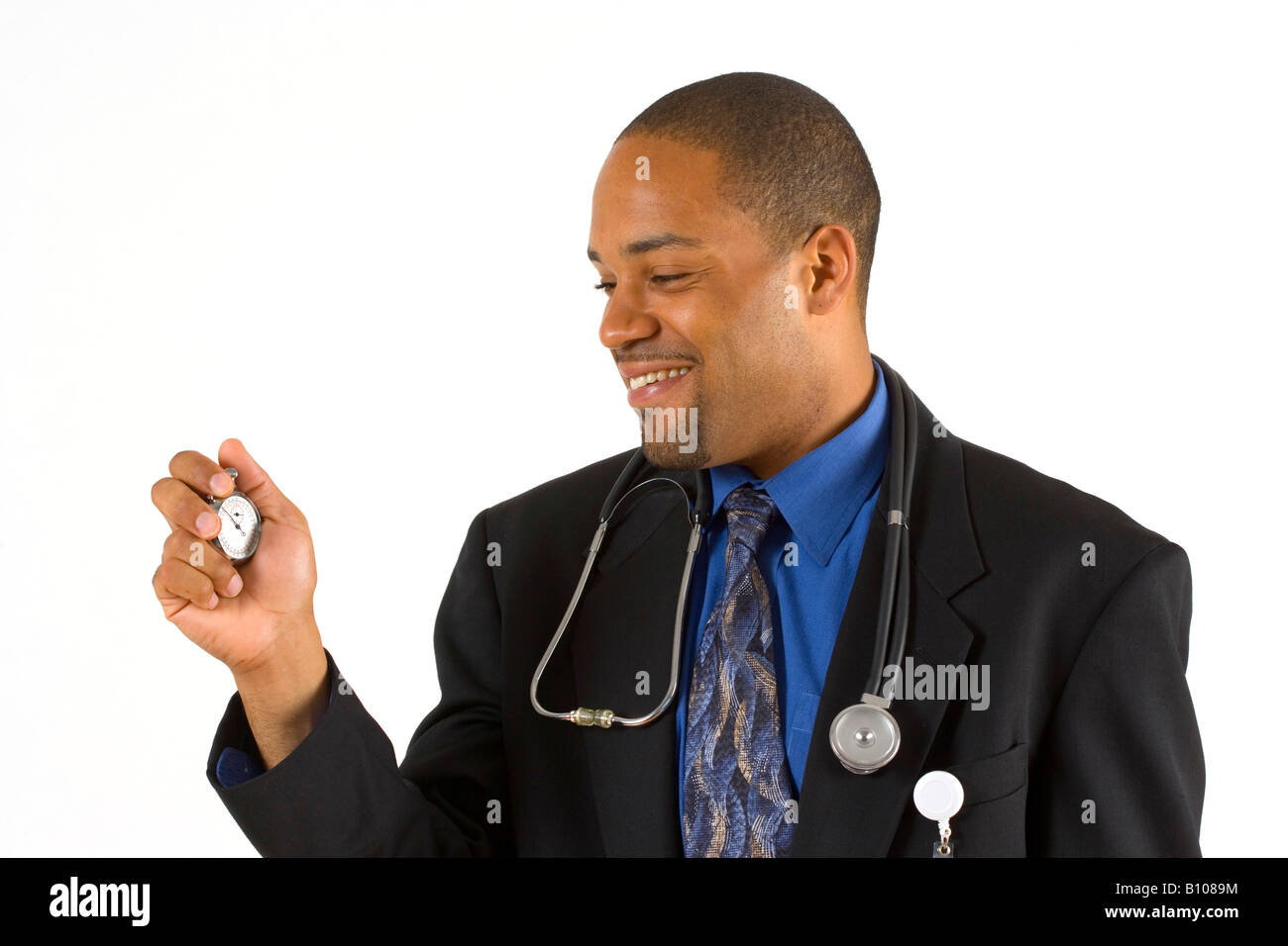 Its time to check your health. Dr holds a stopwatch. Stock Photo