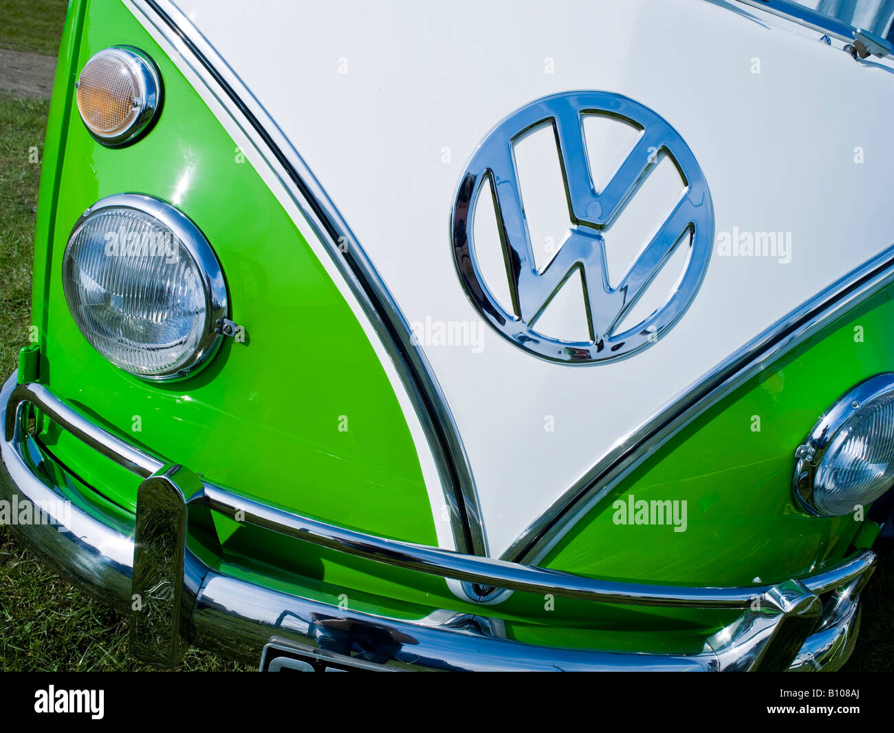 green vw volkswagen split screen camper van bus lowered modified pimped lime hippie hippy 1960s 1950s aircooled v-dub Stock Photo
