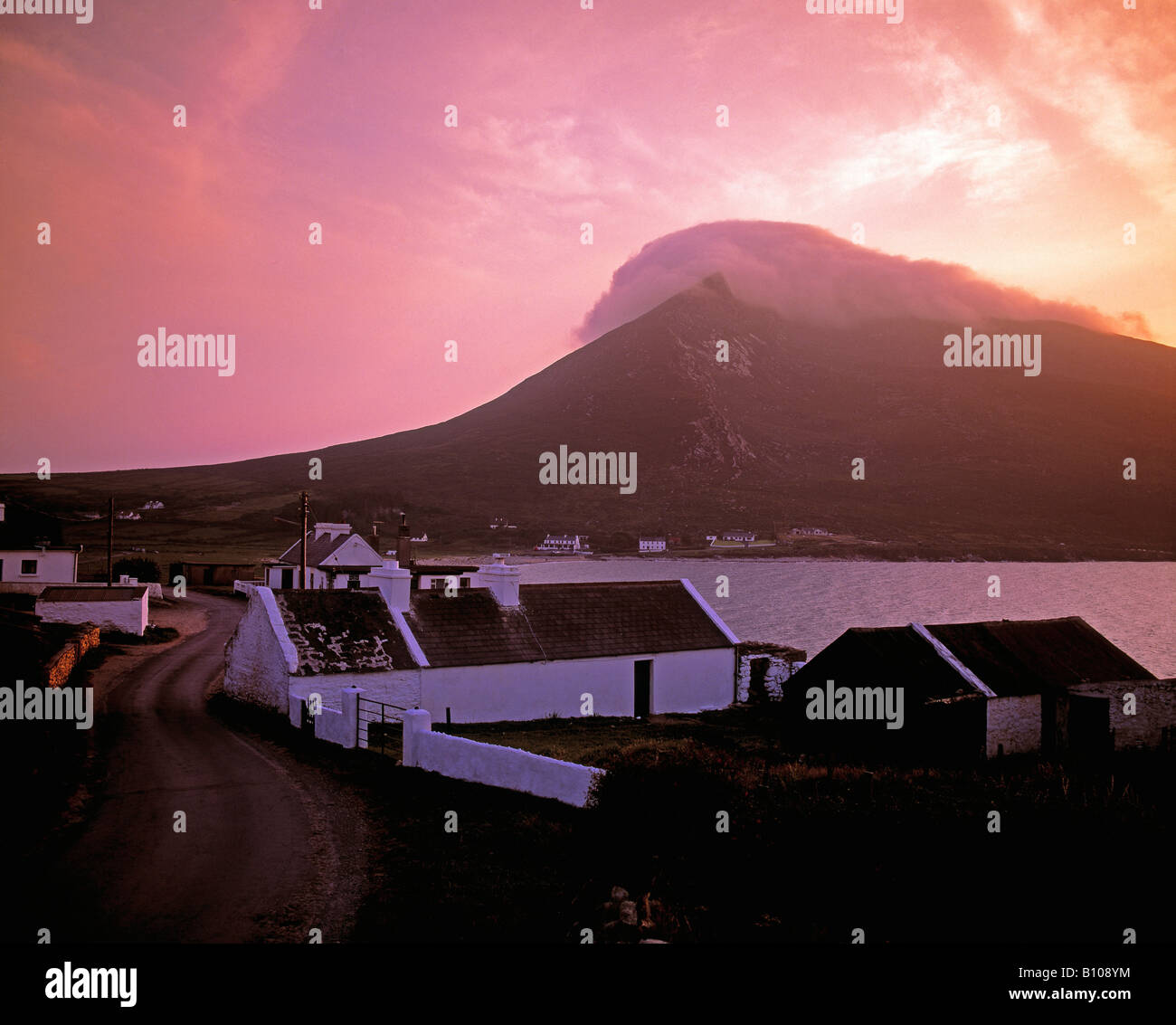 Doogort Village and Slievemore, Achill Island, Co Mayo, Ireland Stock