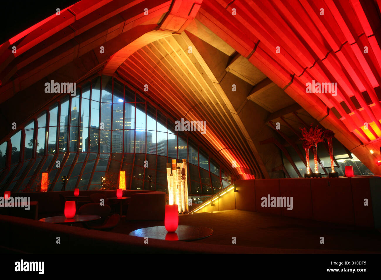 Sydney Opera House restaurant interior at dusk Bennelong Point Sydney Cove New South Wales Australia Stock Photo