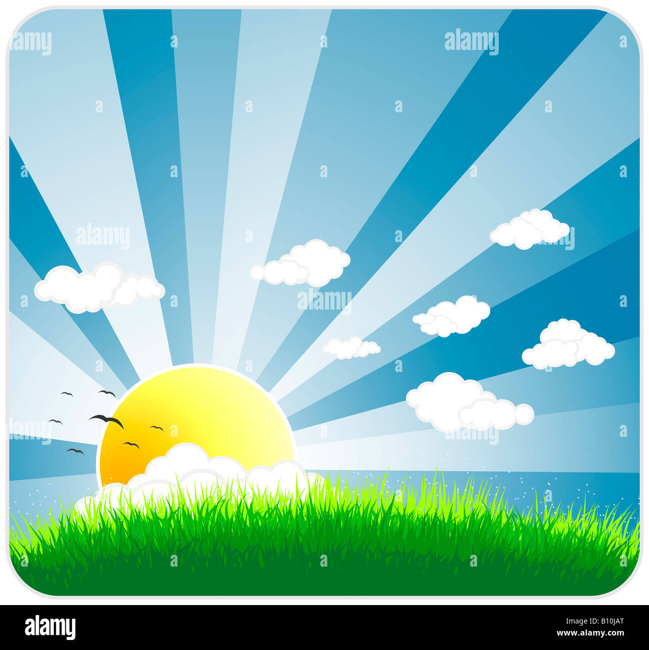 Vector illustration of an idyllic sunny nature background with a blue gradient stripes sky birds green grass layers of grass Stock Photo
