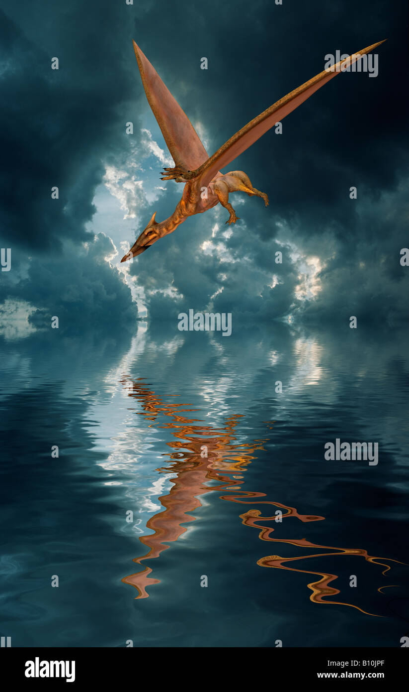 computer generated pterosaur Quetzlcoatlus flying over water on a stormy day Stock Photo