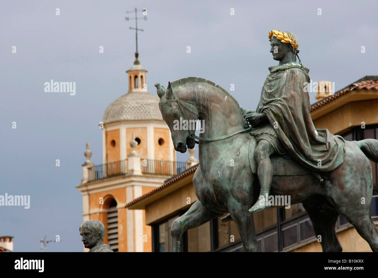 statue of Napoleon on a horse and the cathedral Notre Dame de la Misericorde on Place De Gaulle in Ajaccio Corsica France Stock Photo