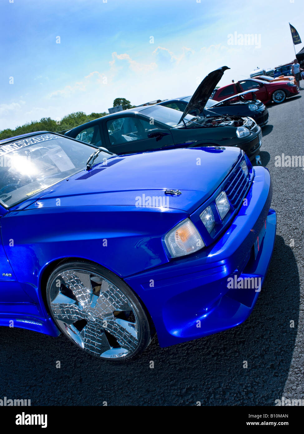 blue chrome modified max power ford escort in metallic blue Stock Photo