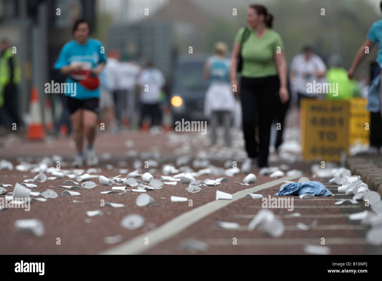 discarded litter polystyrene styrofoam cups at aid station during the belfast marathon 2008