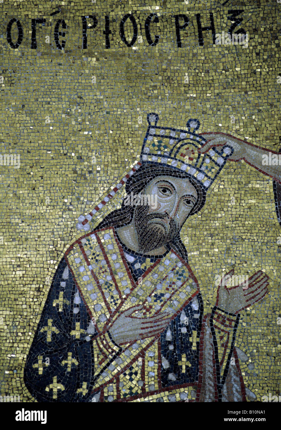 Roger II crowned by Jesus Christ, became king in 1129.  Martolana, Palermo, Sicily Byzantine moaic Stock Photo