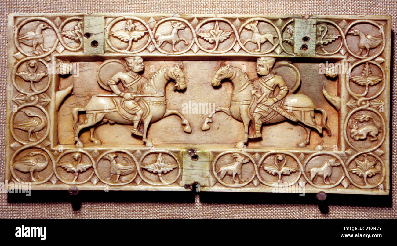 Byzantine warriors on horseback 11th century. Ivory casket. Stock Photo