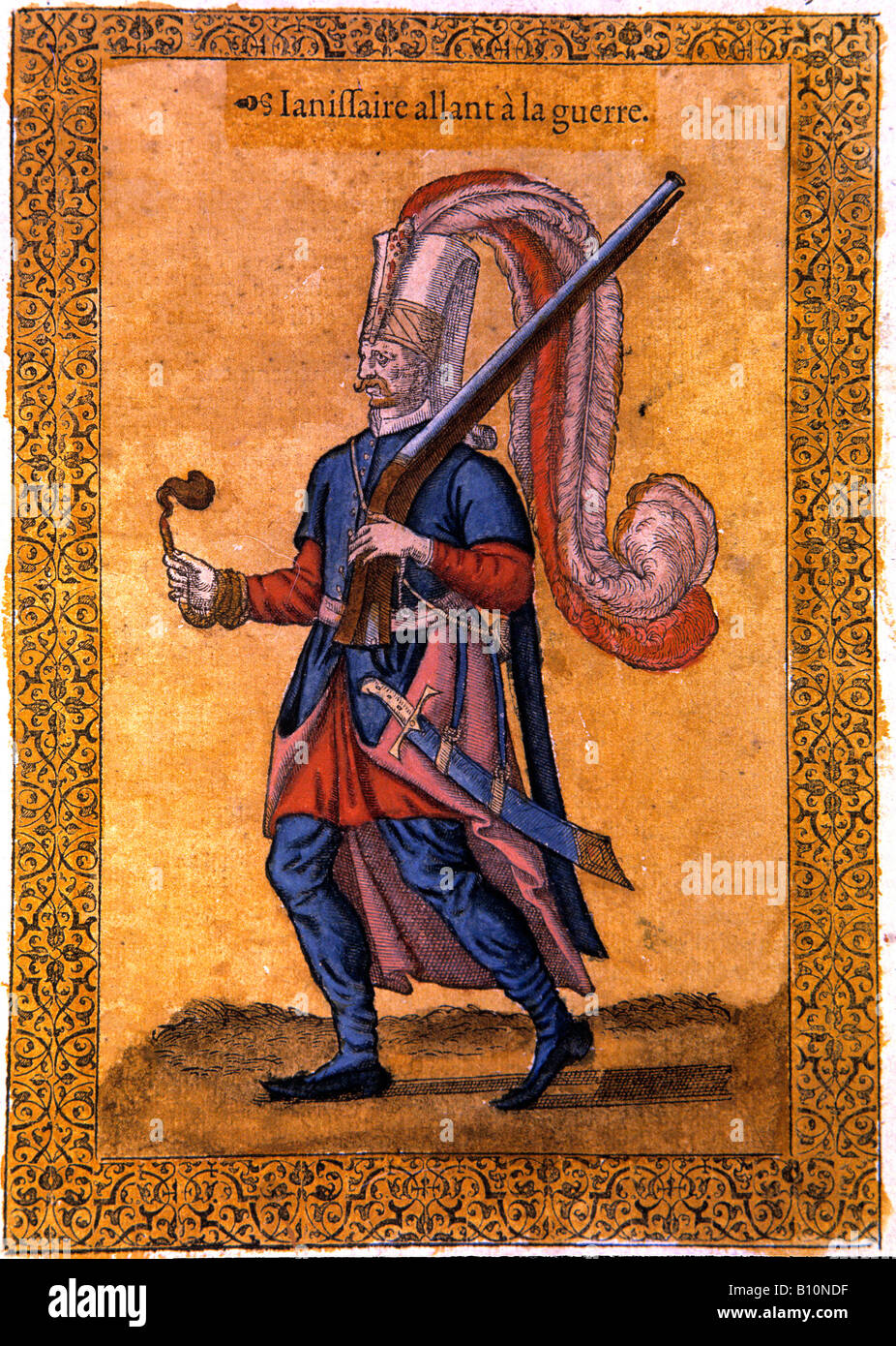 Janissary with arquebus. 16th century manuscript. Ottoman Empire Stock Photo