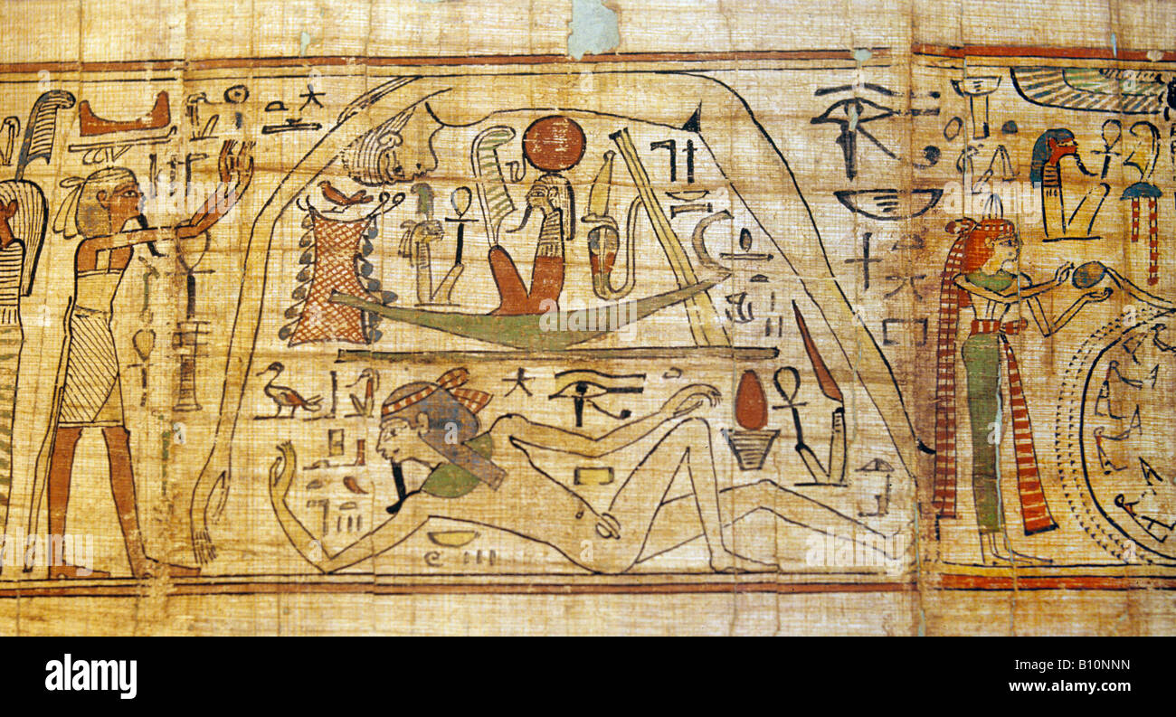 Nut and Geb sky and earth god and goddess Ra sun god in his solar barque. Egyptian Funerary papyrus. Stock Photo