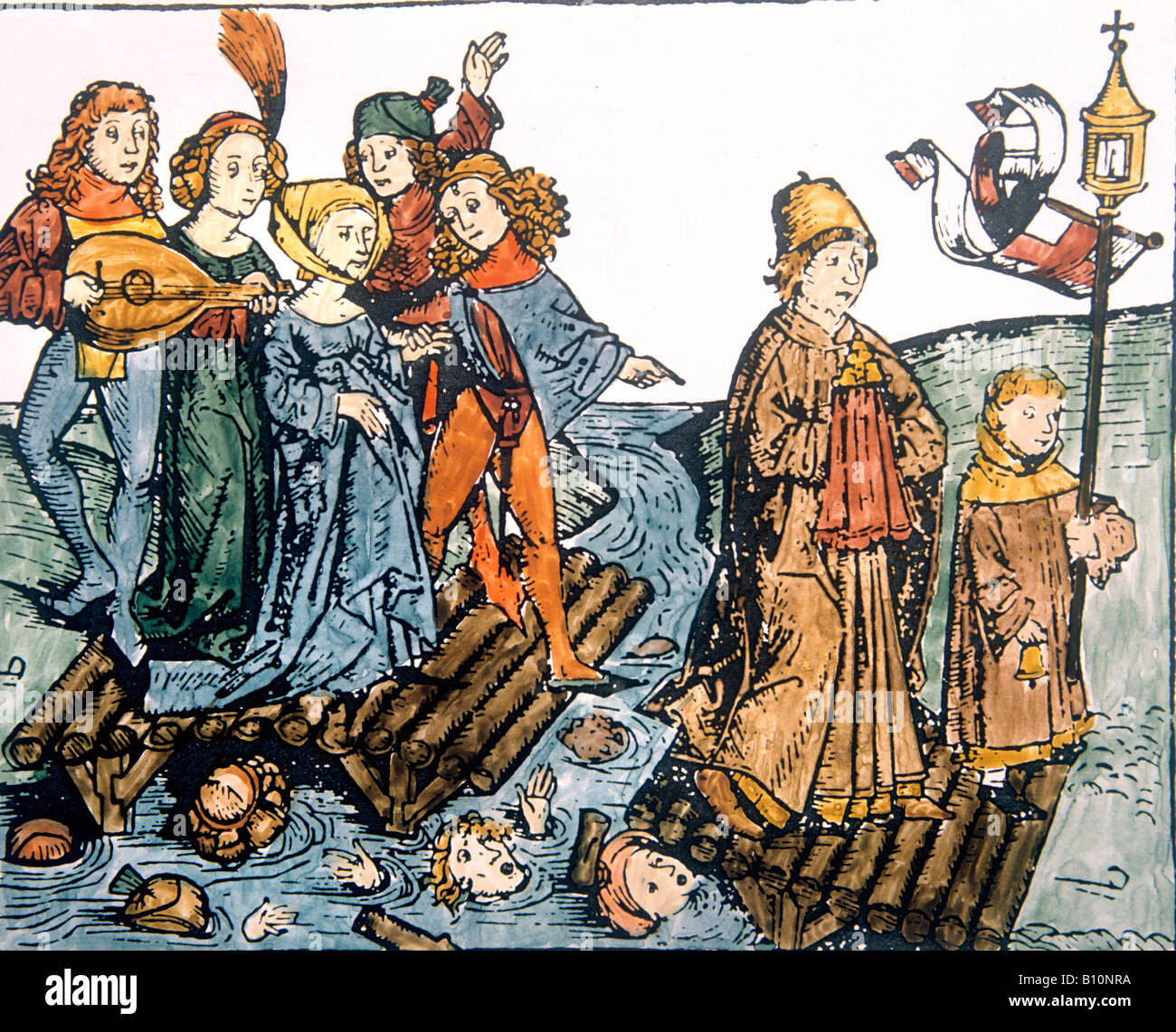 Young people dancing. Ignoring priest. The bridge collapses. Medieval engraving. Stock Photo