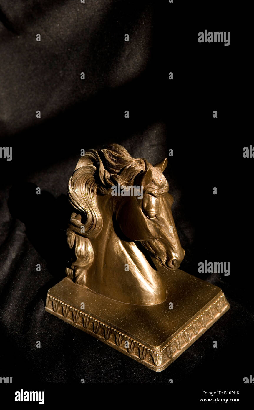 Bronze horse head sculpture on a black background Stock Photo