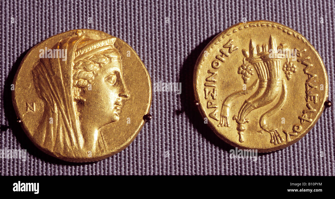 Egyptian coin of Ptolemy II's wife Arsinoe II and horn of plenty Stock Photo