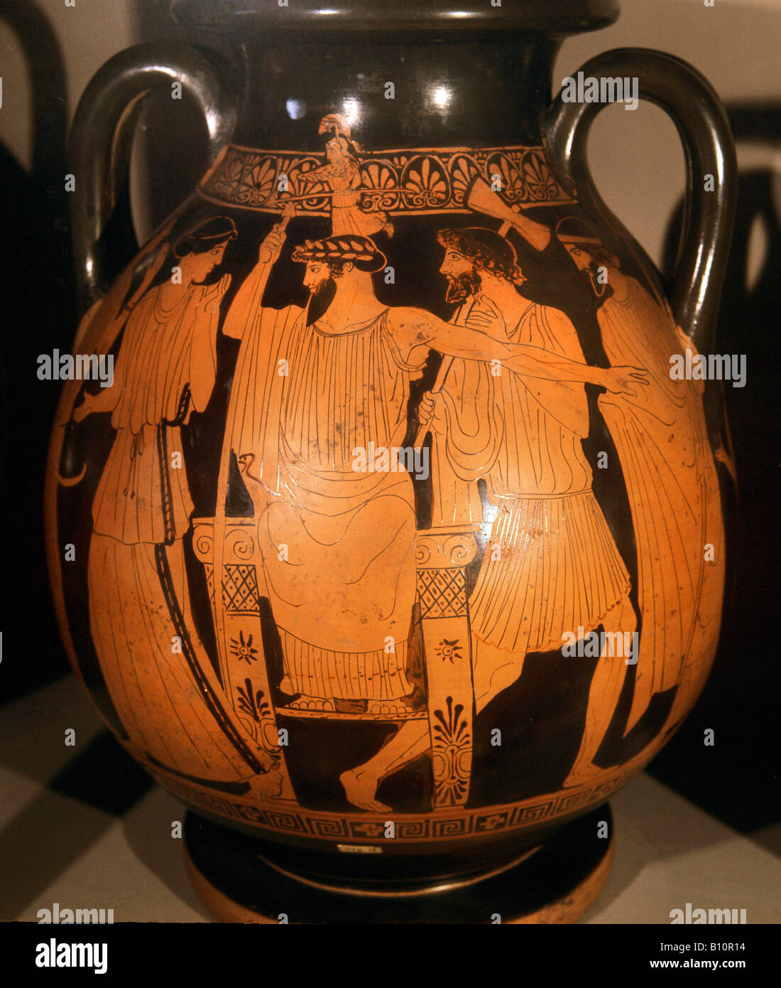 Greek vase painting Hephaestos stands behind Zeus. Birth of Athena Stock Photo