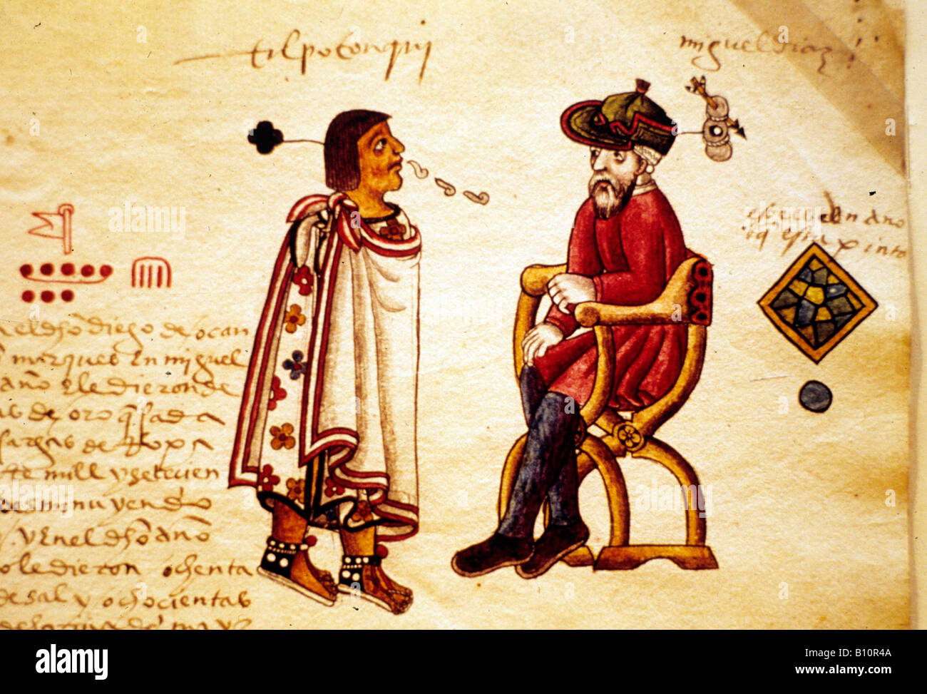 Aztec Spanish conquistadors ill treat the native Indians. Mexico Stock Photo