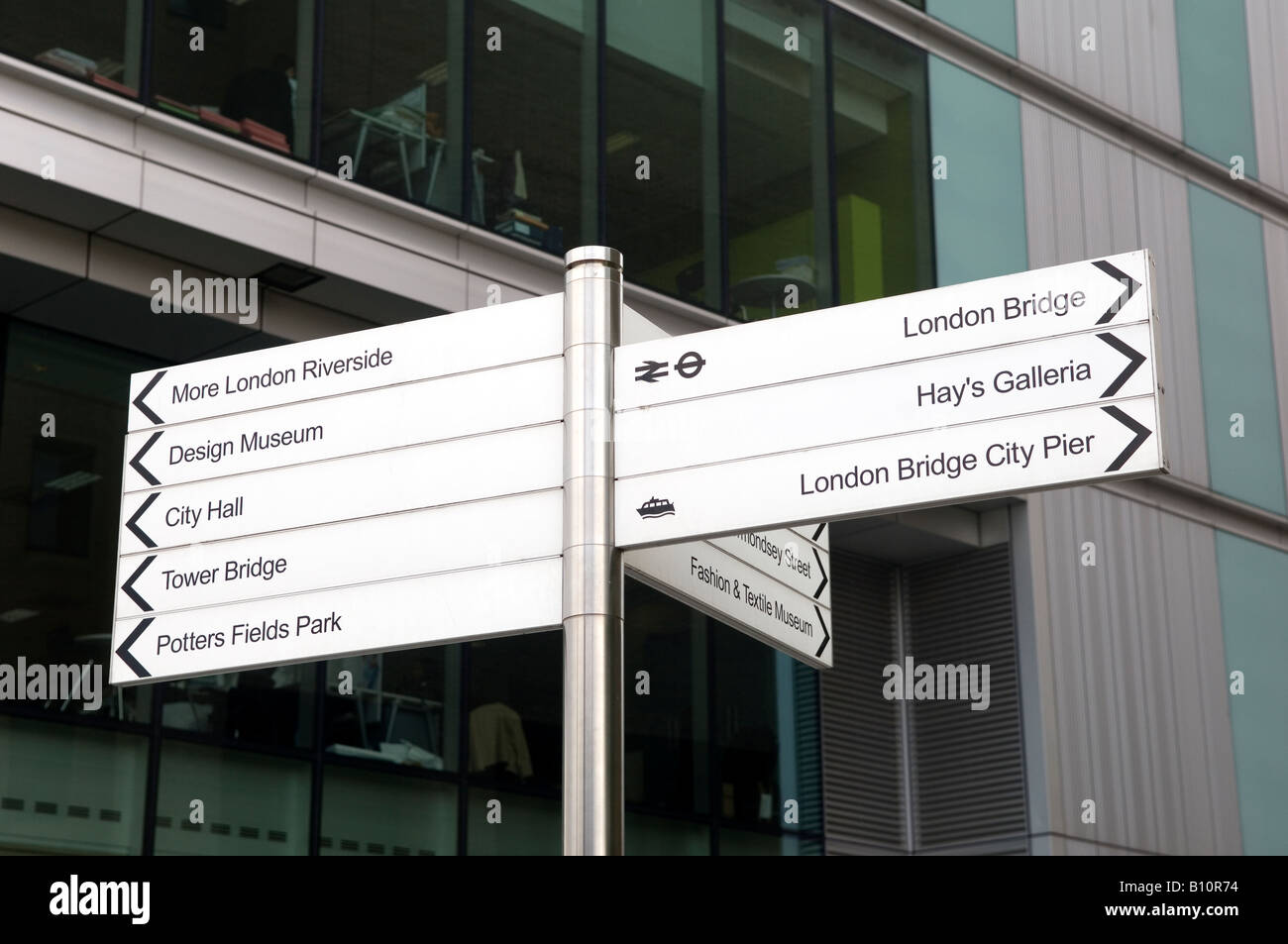 Road sign for London's attraction and tourists area UK Stock Photo