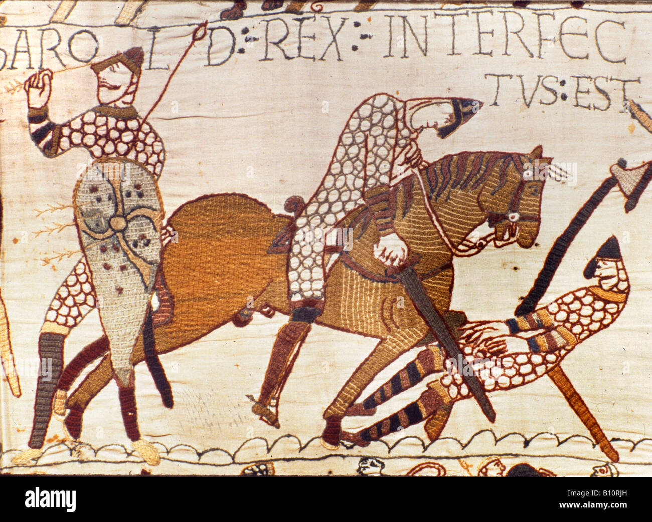 Bayeux tapestry Harold struck by arrow to the eye. France. Stock Photo