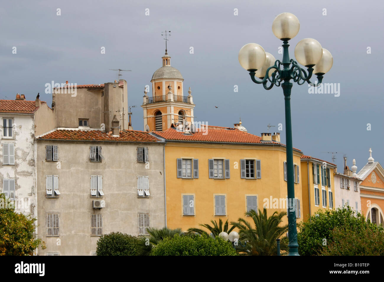 buildings on Place De Gaulle and cathedral Notre Dame de la Misericorde in Ajaccio Corsica France Stock Photo