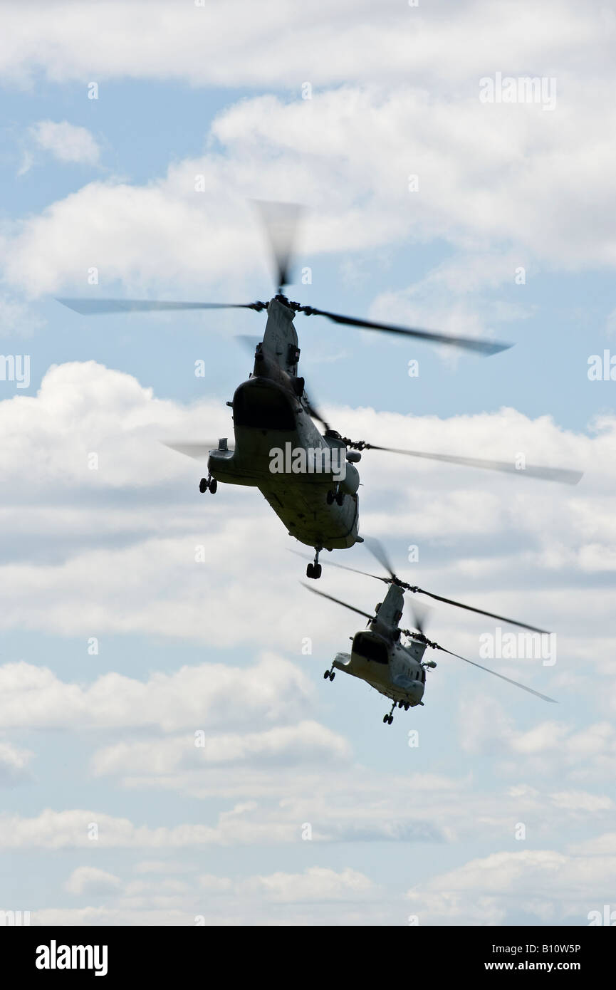 Fleet Week Marine CH-46 helicopters make a pass during a mock raid at Orchard Beach, Bronx, New York Stock Photo