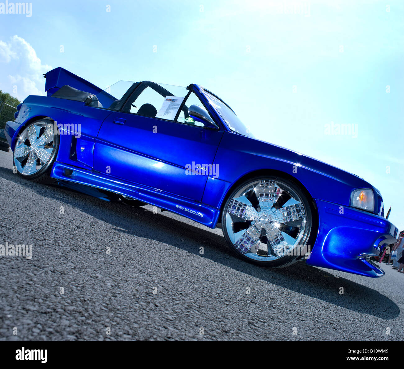 blue chrome modified max power ford escort in metallic blue Stock Photo