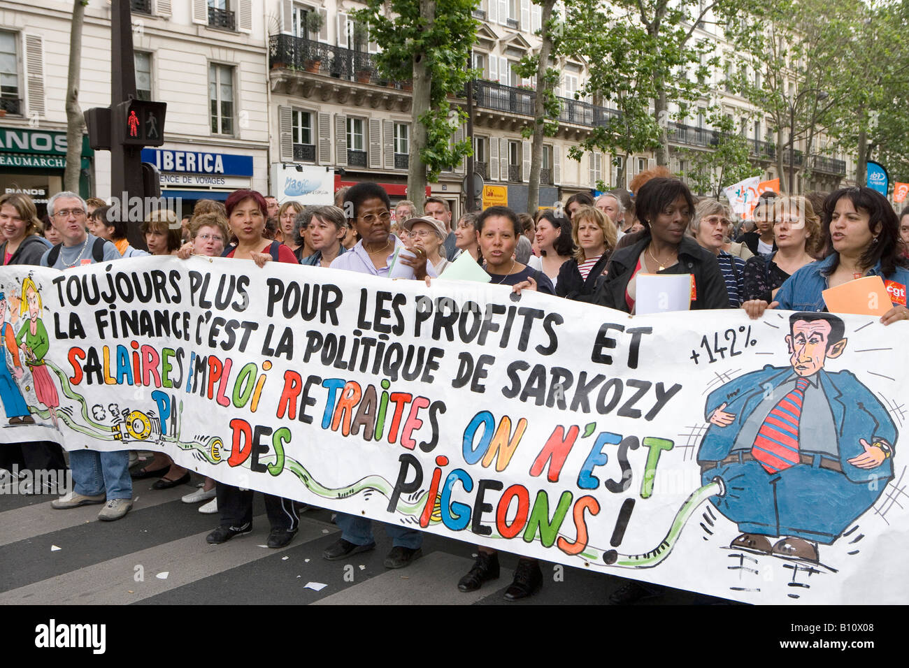 Demonstration in Paris against the inequitable social policy and the pension reform of Nicolas Sarkozy Stock Photo
