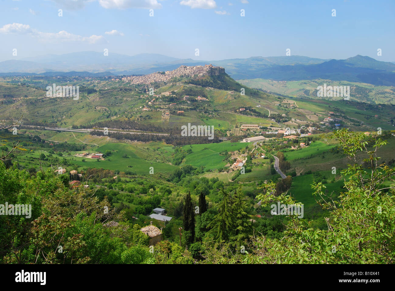 Panoramic view of surrounding countryside, Citta di Enna, Enna Province, Sicily, Italy Stock Photo