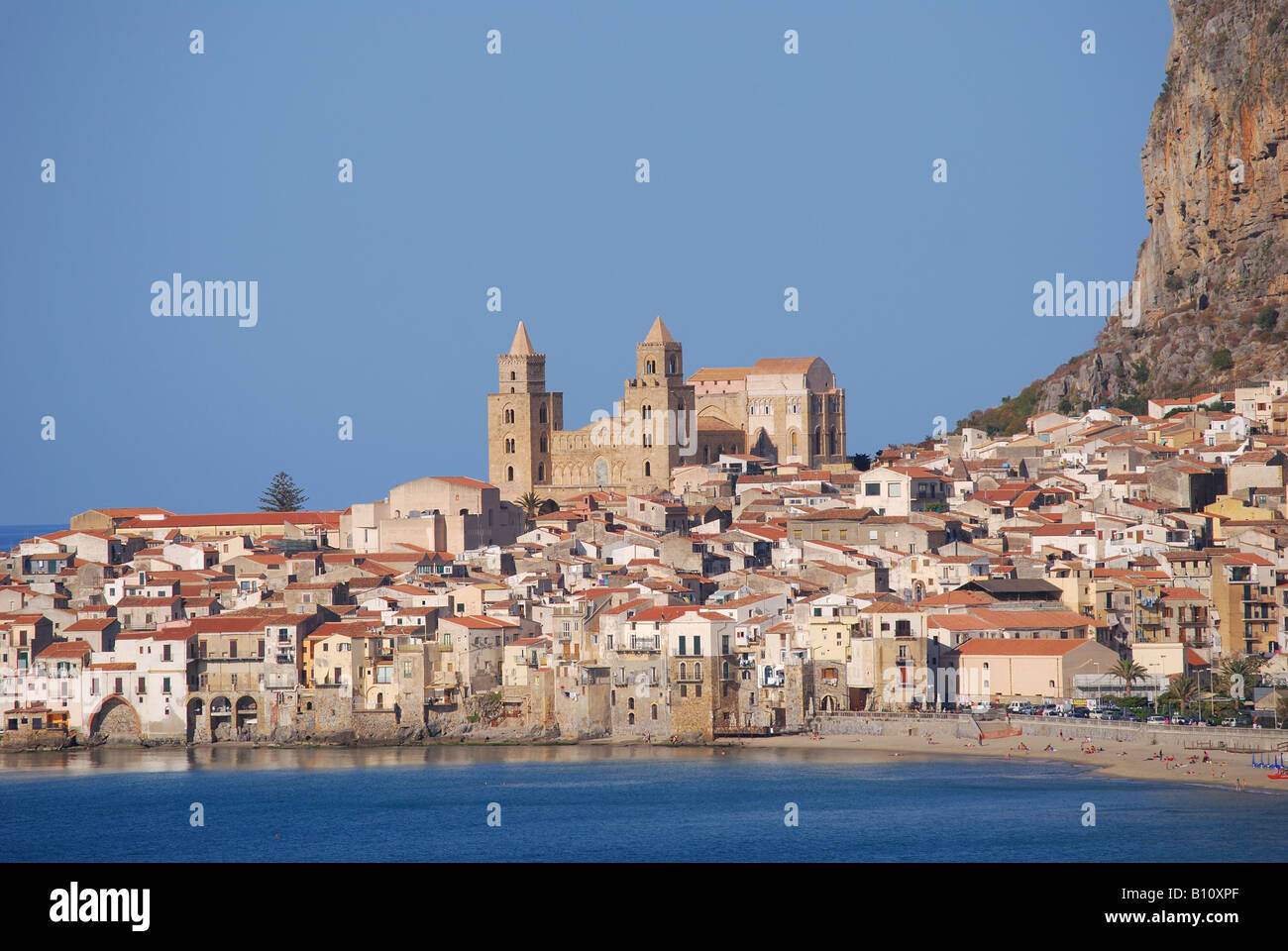 View of city and coast, Cefalu, Palermo Province, Sicily, Italy Stock Photo