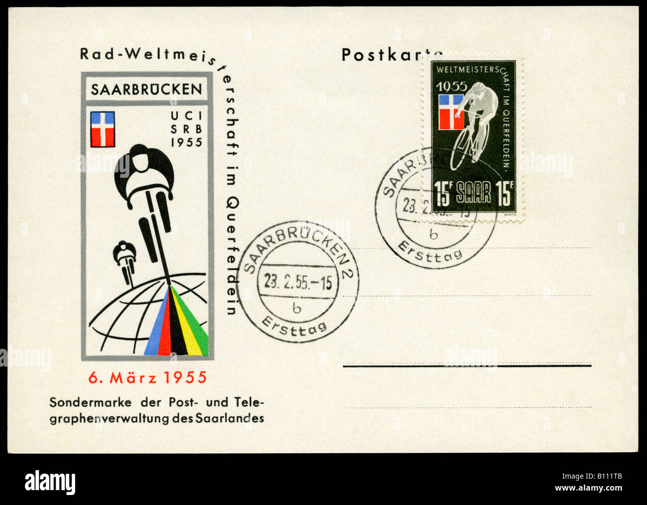 Postal First Day Cover for 1955 Cyclo-Cross World Championships at Saarbrucken, Germany. Stock Photo