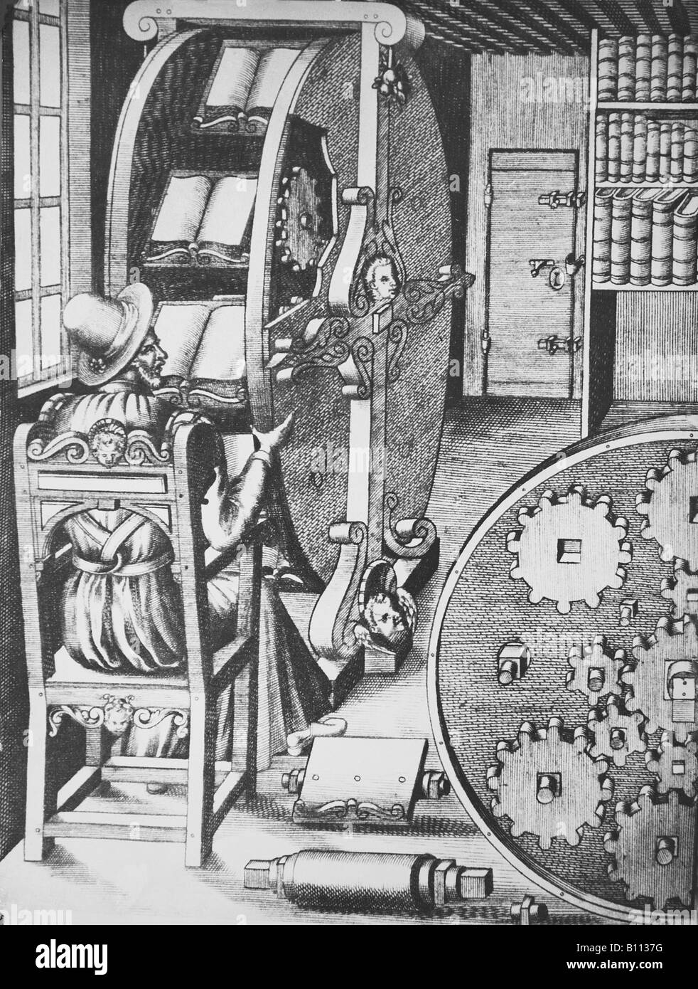 A revolving reading desk for scientists during the 16th century Stock