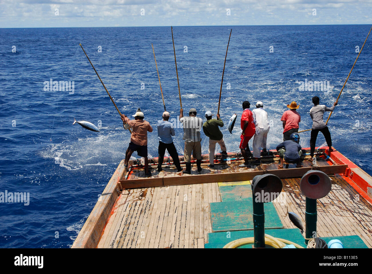 Tuna Fishermen with traditional Fishing rod Indian Ocean Maldives