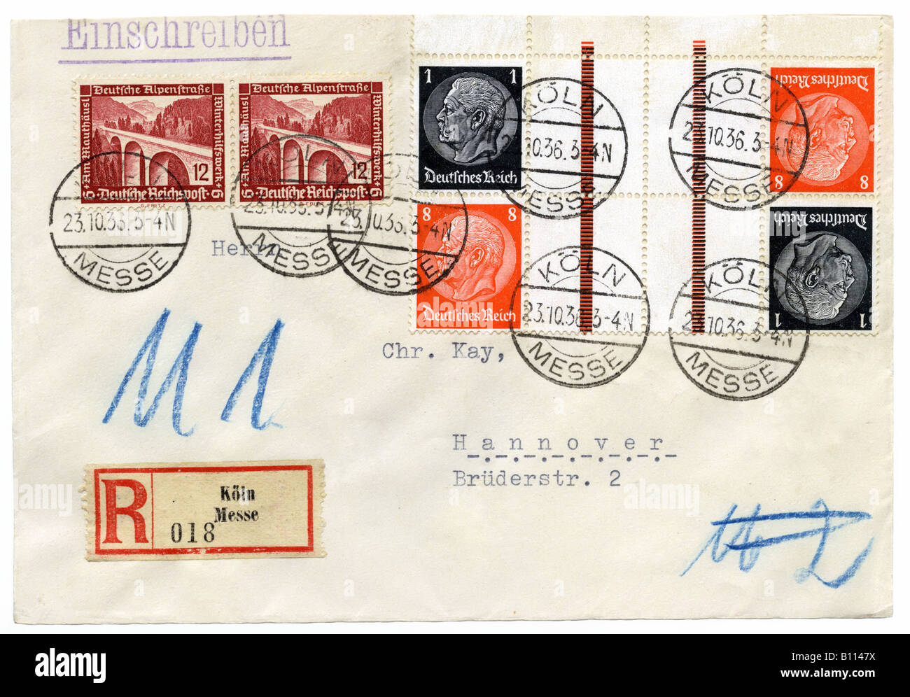 Germany Deutsches Reich Hindenburg stamps on Registered letter, postmarked Koln Messe (Exhibition Centre), 1936. Stock Photo