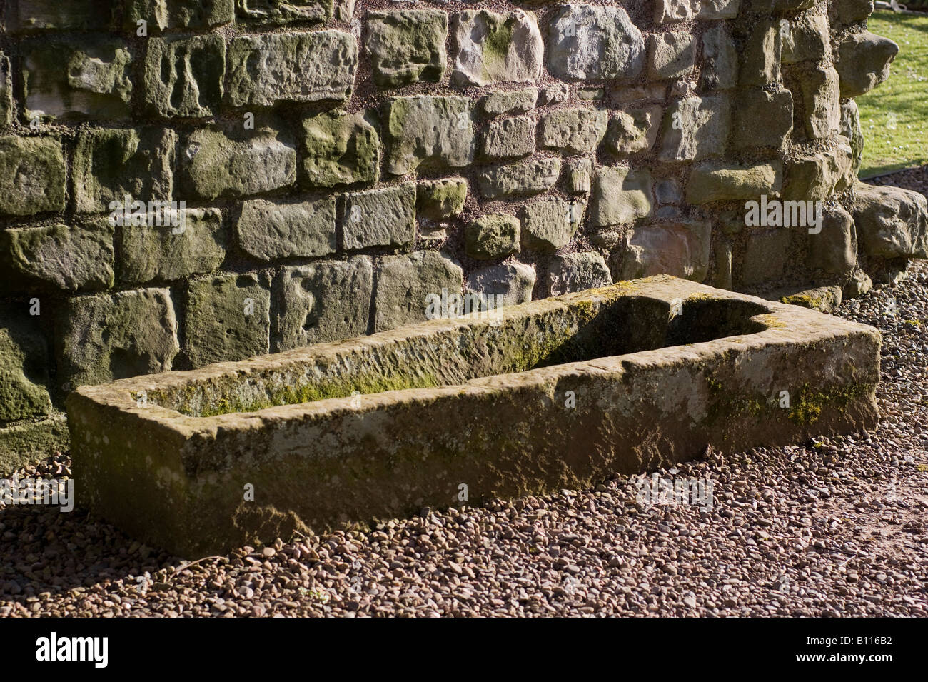 Kelso Scotland mediaeval stone coffin in Kelso Abbey Stock Photo
