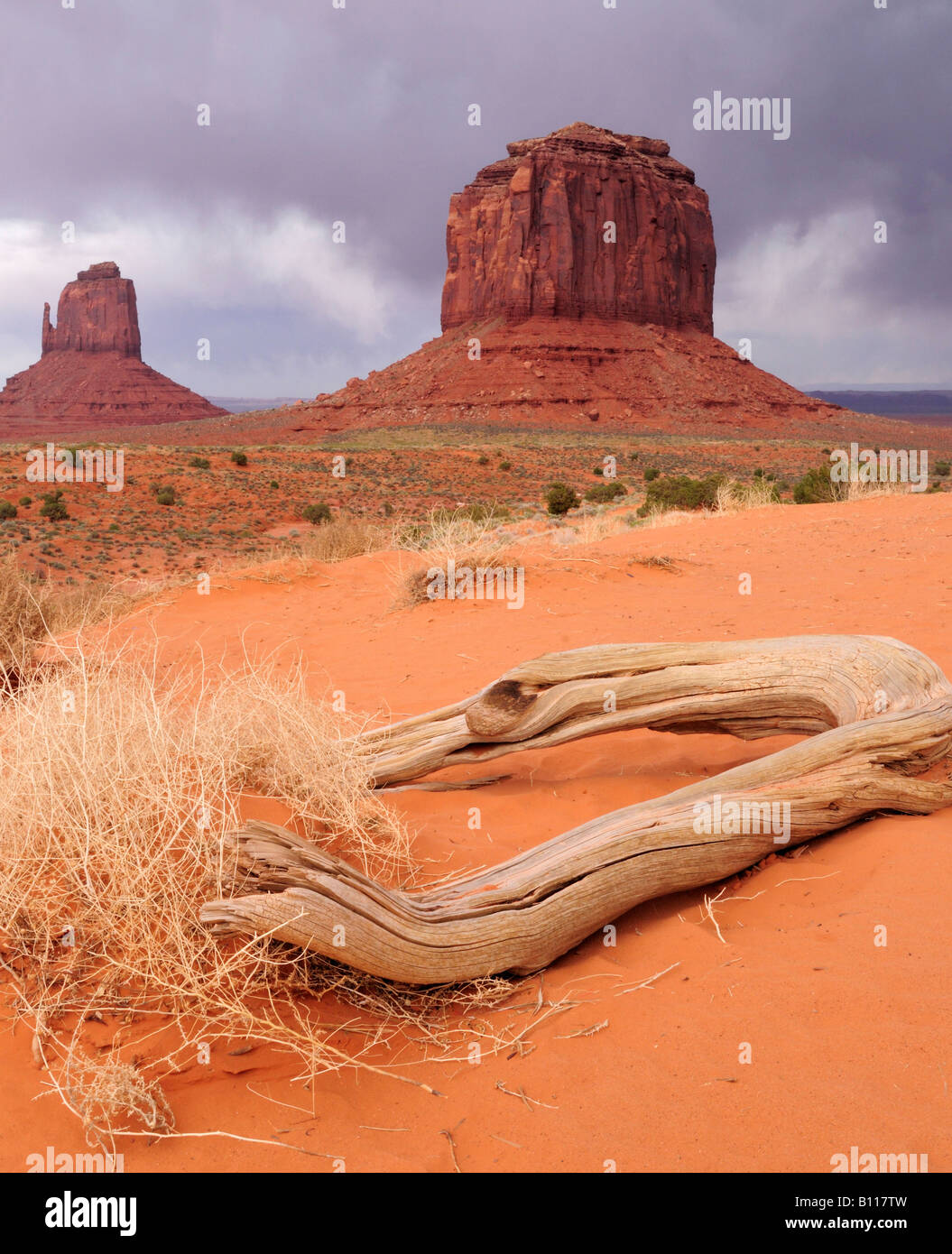 Monument Valley Buttes and Log in late afternoon with storm approaching Stock Photo