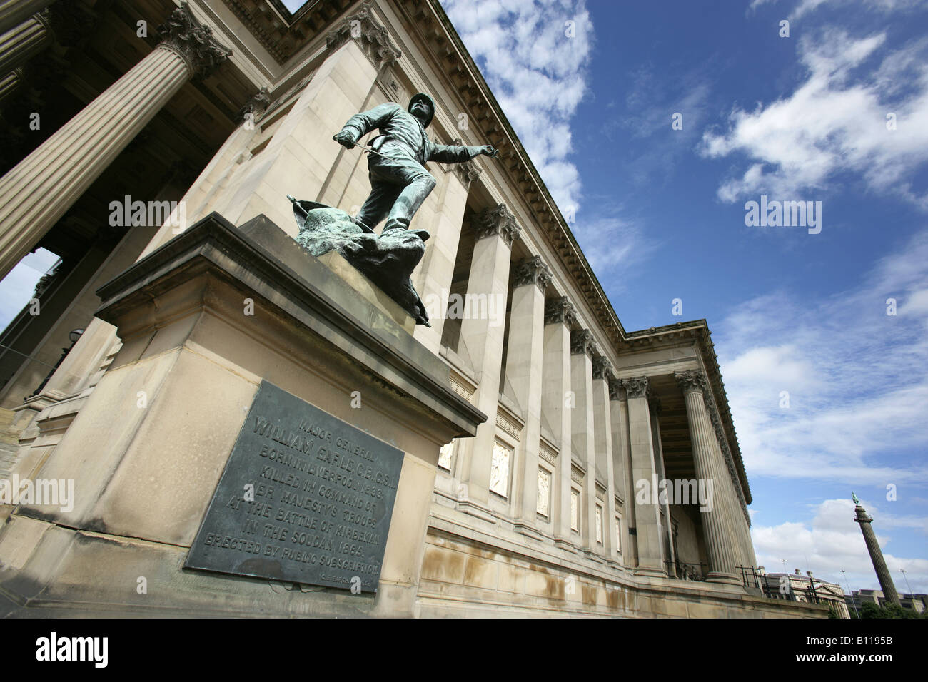 City of Liverpool, England. William Earle memorial statue at the east front of St George’s Hall, William Brown Street. Stock Photo