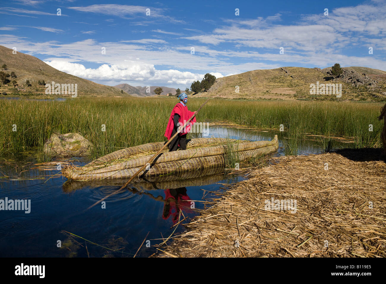 Traditional Urus Iruitos reed boat on Lake Titicaca in Bolivia Stock Photo