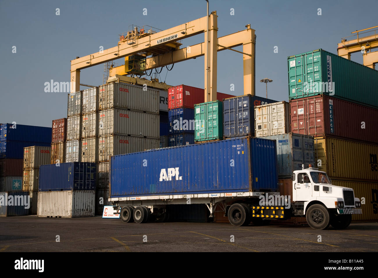 container truck in the container stacks loading container onto flatbed ...
