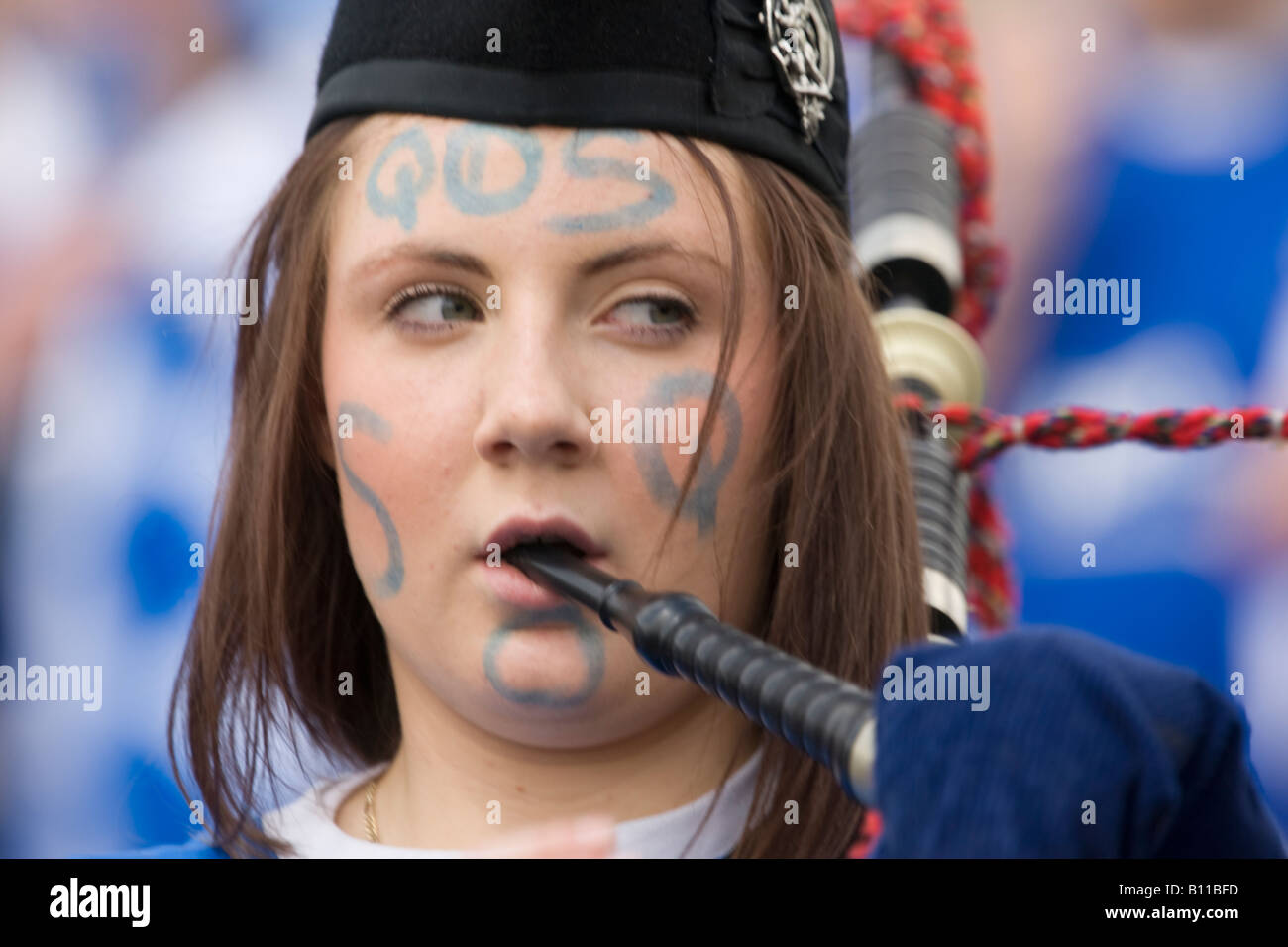 Scottish Female Football Fan Playing The Bagpipes Busking At The ...