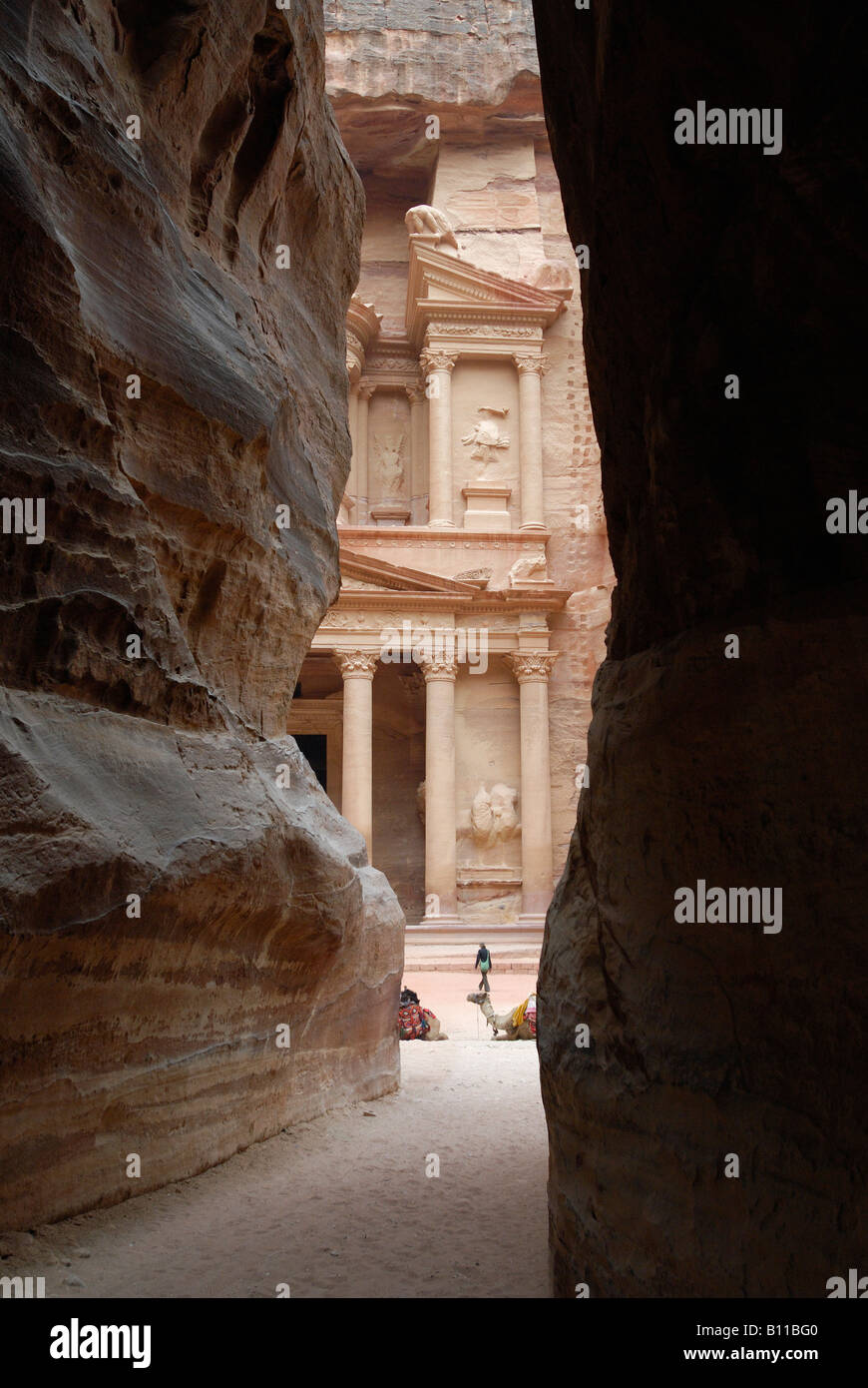 view from canyon As Siq to AL KHAZNEH TREASURY Nabataean ancient town Petra Jordan Arabia Stock Photo