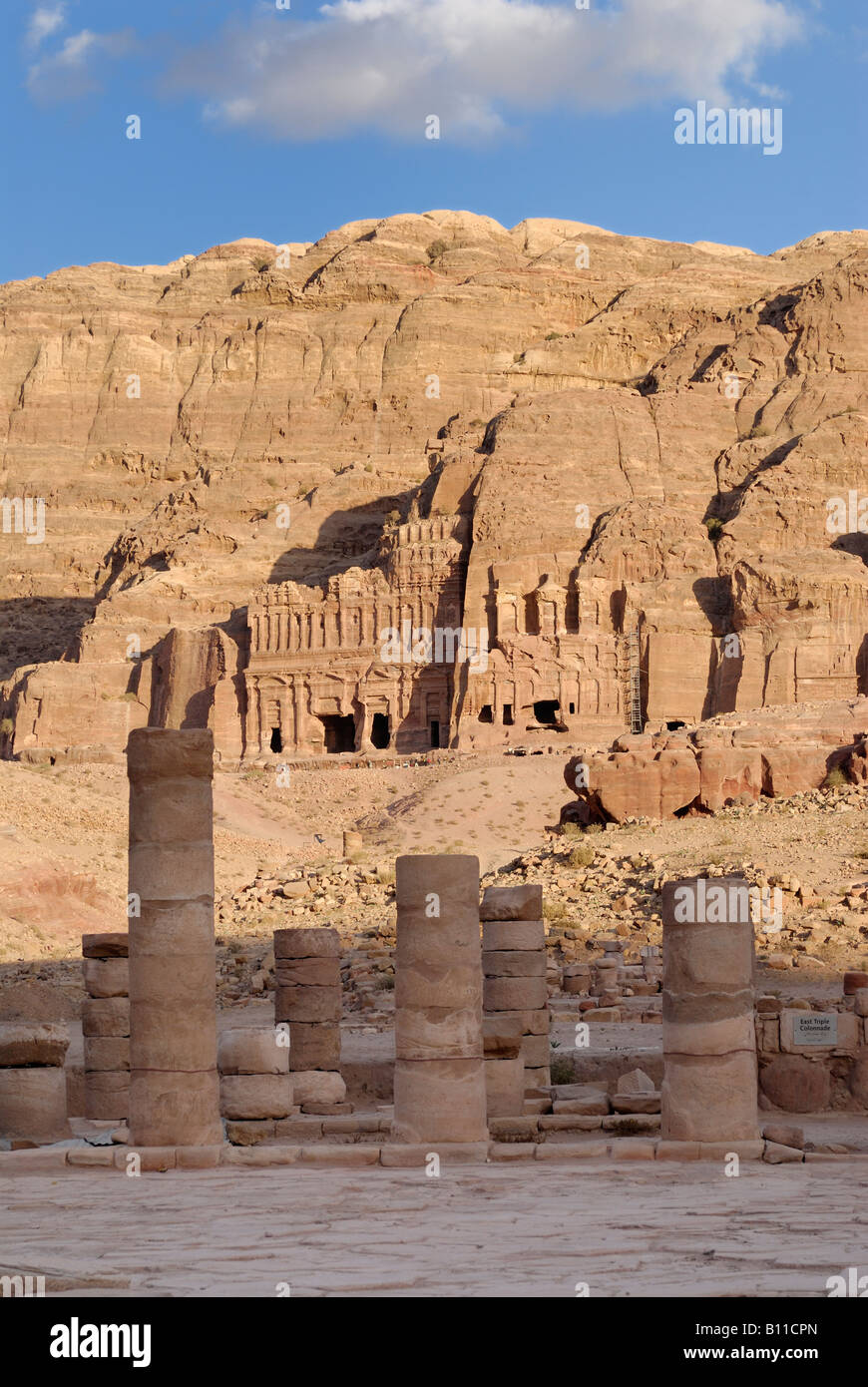 Royal Tombs in front of al Khubtha mountain, columns of the Great Temple Nabataean ancient town Petra Jordan Arabia Stock Photo
