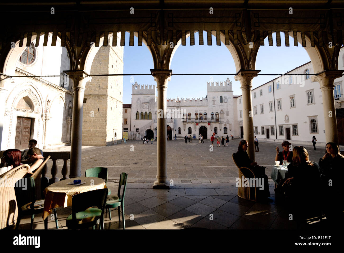 cafe terrace and view of main square in Koper Slovenia Stock Photo