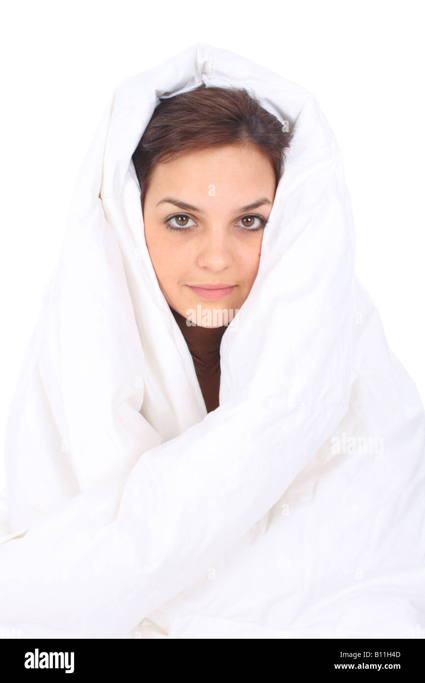 Young Woman Sitting in Duvet Model Released Stock Photo Alamy