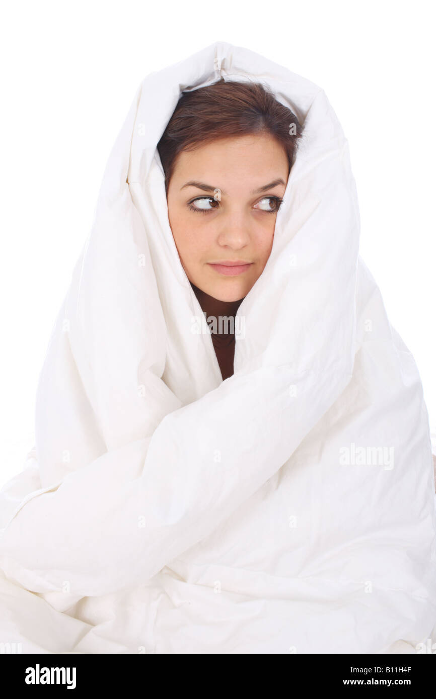 Young Woman Sitting in Duvet Model Released Stock Photo Alamy