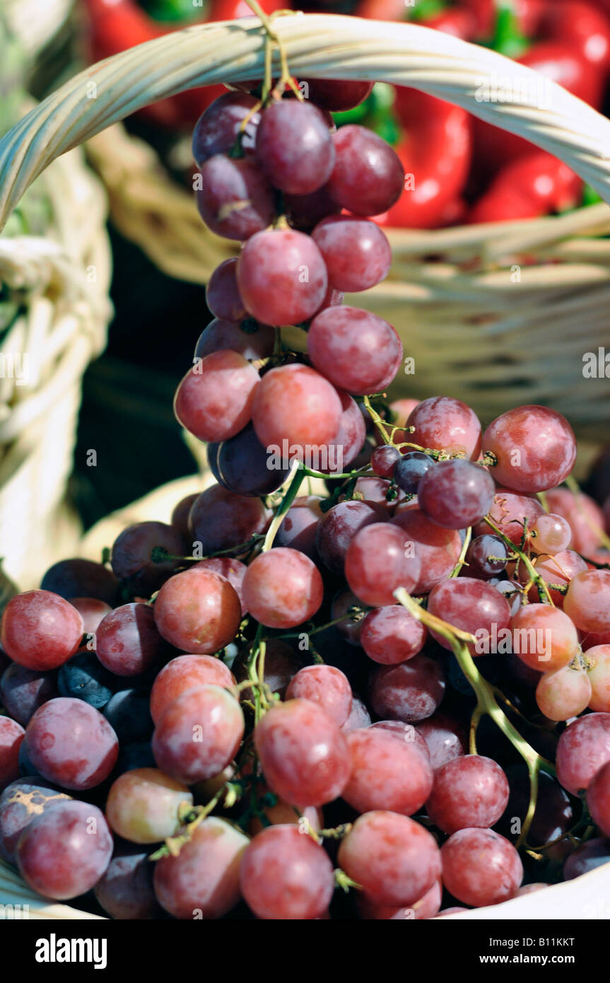Black Grapes in a basket Stock Photo